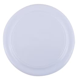 A white plastic plate with a smooth surface and subtle rim detail.