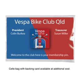 A 25mm aluminium badge featuring a scooter design, presented in a red and blue backing card with a logo.
