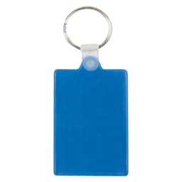 A blue rectangular keytag with a keyring attachment.