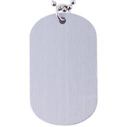 A silver dog tag on a metal ball chain, featuring a smooth, brushed surface and rounded edges.