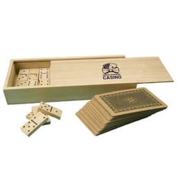 A bamboo box containing a set of wooden dominoes and a deck of cards, featuring a logo on the box.