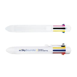 A white pen featuring multiple coloured grips and a logo. It has a retractable tip and a clip for attachment.