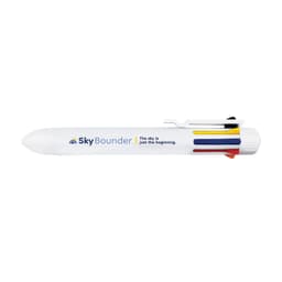 A white pen with a clip and colourful accents, featuring a logo on the side.