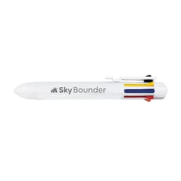 A white pen with a logo, featuring multiple coloured ink options in red, blue, yellow, and black.