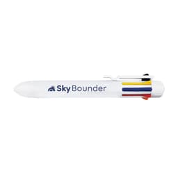 A white pen with a coloured grip and clip, featuring a logo on the side.