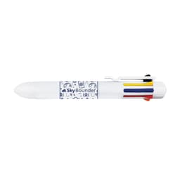 A multicoloured pen with a white body and a clip, featuring a branding logo.