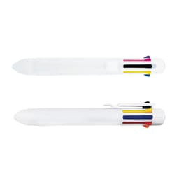 A white pen featuring multiple ink colours, with a clip and colour accents on the barrel. Logos are present.