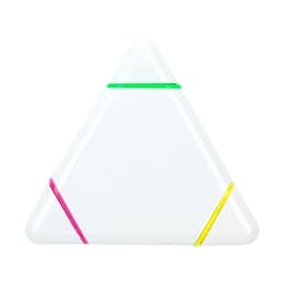 A triangular highlighter with green, pink, and yellow stripes, featuring a white body and a branding logo.