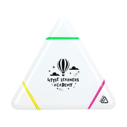 A triangular highlighter featuring green, pink, and yellow sections, with a logo on a white background.