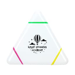 A triangular highlighter featuring green, yellow, and pink sections, with a logo on a white background.