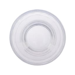 A reusable coffee cup with a clear body and a cork band around its middle.