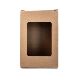 A product box with a clear window showcasing the contents inside. The box is made of brown cardboard.