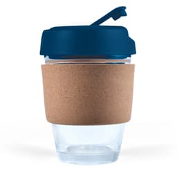 A reusable coffee cup featuring a clear body, a navy blue lid, and a cork band for insulation.