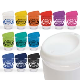 A collection of reusable coffee cups in various colors with silicone lids, each featuring a unique design and a logo.