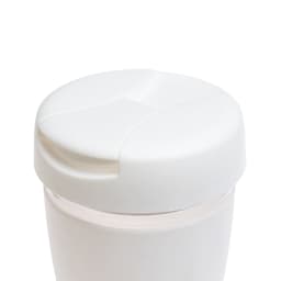 A reusable coffee cup with a flip lid, featuring a white color and a smooth design, includes a logo.