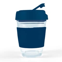 A reusable coffee cup with a transparent body, a navy blue silicone sleeve, and a flip lid.