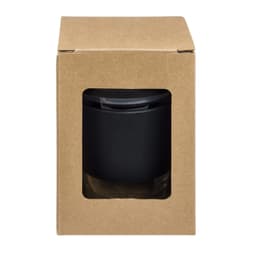 A Vienna Coffee Cup with a snap lid, presented in a cardboard box featuring a transparent window for visibility.