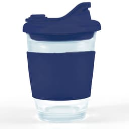 A reusable coffee cup with a transparent body and a dark blue silicone sleeve and lid.