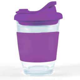 A reusable coffee cup featuring a clear body with a purple silicone sleeve and snap lid.