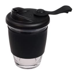 A reusable coffee cup with a transparent glass body and a black silicone sleeve and lid.