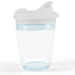 A reusable coffee cup with a clear body and a white snap lid. The cup features a blank white sleeve for customization.