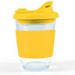 A reusable coffee cup featuring a clear body and a bright yellow silicone sleeve and snap lid.