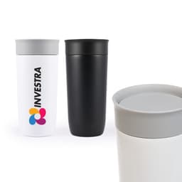 A stainless steel coffee cup in white and black with a grey lid and branding. Reusable and stylish drinkware option.