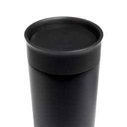 A black stainless steel coffee cup with a smooth, rounded lid and a sleek design. It features a logo.