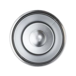 A stainless steel coffee cup with a smooth interior and circular base, reflecting light. It has a simple design.
