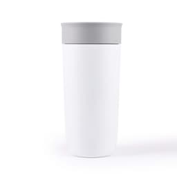 A stainless steel coffee cup with a sleek white body and a grey lid.