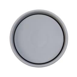 A stainless steel coffee cup in a silver color, featuring a smooth, round top with a rim. It has a logo on the side.