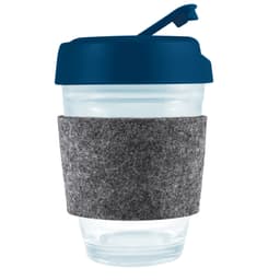 A reusable coffee cup with a flip lid and a gray RPET band for insulation, made from clear material with a blue lid.