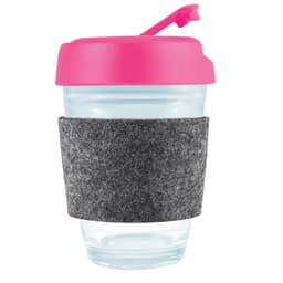A reusable coffee cup featuring a clear body, a vibrant pink flip lid, and a gray RPET band for grip.