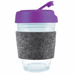 A reusable coffee cup featuring a clear body, a purple flip lid, and a grey RPET band for grip.