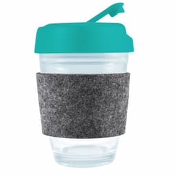 A reusable coffee cup designed with a clear body, a flip lid in turquoise, and a grey RPET band for insulation.