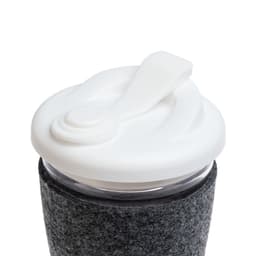 A reusable coffee cup featuring a clear body, a white snap lid, and a dark grey RPET band for insulation and grip.