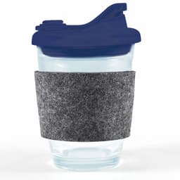 A reusable coffee cup featuring a clear body, a dark blue snap lid, and a gray RPET band for grip.