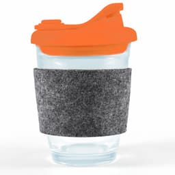 A reusable coffee cup featuring a clear glass body, an orange snap lid, and a gray RPET band for insulation.