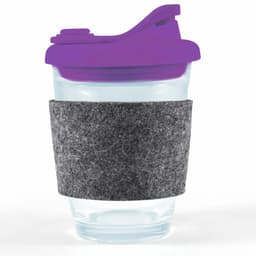 A reusable coffee cup featuring a clear body, a purple snap lid, and a grey RPET band for added grip and insulation.