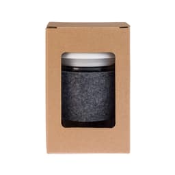A reusable black coffee cup with a snap lid and RPET band, displayed in a cardboard box.