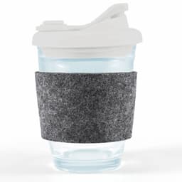 A reusable coffee cup with a clear body, snap lid, and a gray RPET band for grip.