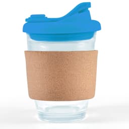 A reusable coffee cup with a clear body, blue snap lid, and a cork band for grip.