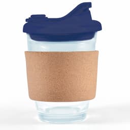 A reusable coffee cup with a navy snap lid and a cork band wrapped around a clear glass body.