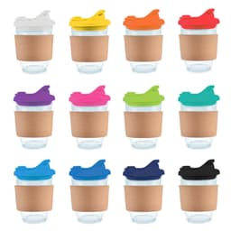 A collection of reusable coffee cups with cork bands and snap lids in various colors including white, orange, purple, and green.