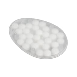 An egg-shaped container filled with sugar-free breath mints. The container is clear with rounded white mints inside.
