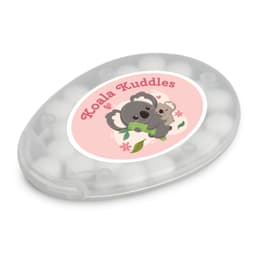 An oval-shaped container of egg-shaped white sugar-free breath mints featuring a cute koala illustration and branding.