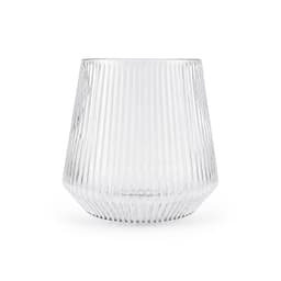 A clear, fluted glass tumbler with a rounded base and tapered top. The design features vertical lines.