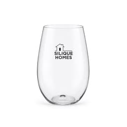 A drink bottle in a clear glass design with a rounded shape, featuring a logo.