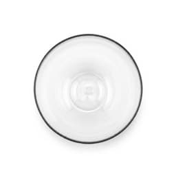 A drink bottle with a clear body and a black rim, featuring a simple design and rounded shape.