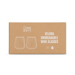A gift set box containing two clear unbreakable wine glasses with a simple design, featuring a logo.
